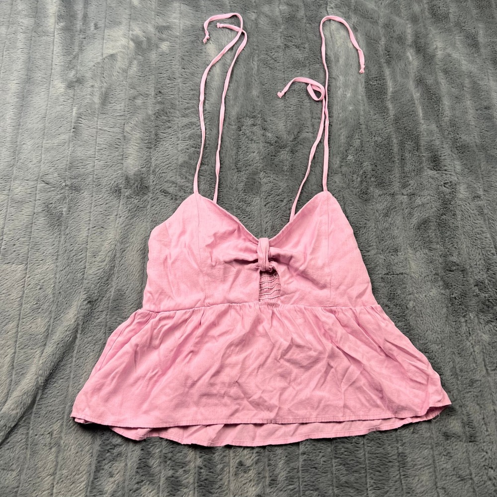 Altar'd State Pink Smocked Back Halter Peplum Top Bow Keyhole Size M
